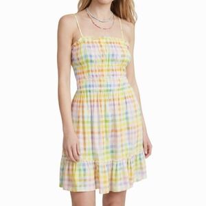 Celina Moon Pastel Plaid Mini Dress Size Large Smocked Sundress Summer Beachy